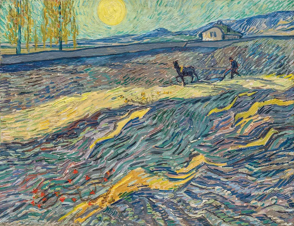 Pola orane przez wołu i rolnika, słońce, drzewa. Van Gogh ciekawostki: to jeden z jego wczesnych obraz&oacute;w.