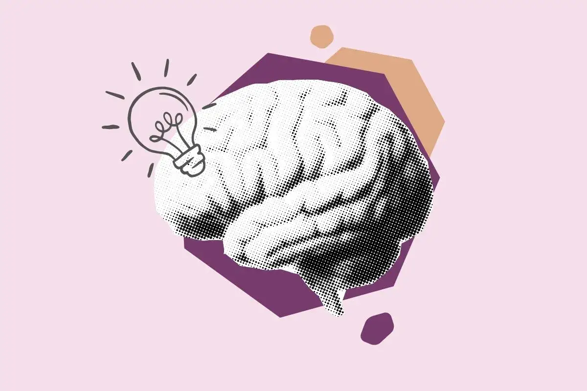Ilustracja mózgu z żarówką symbolizującą pomysł, sugerująca, że myśli i świadomość mogą być dowodami na istnienie duszy.