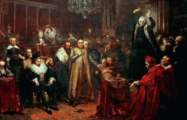 Scena z życia dworskiego, ukazująca bogactwo i przepych epoki barok w Polsce. W centrum mężczyzna w złotej szacie, otoczony przez dostojników.