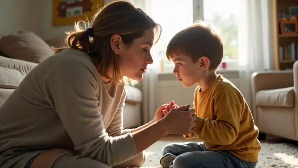 Mama czule trzyma dłonie syna, rozmawiając z nim o tym, jak oduczyć dziecko przeklinania.